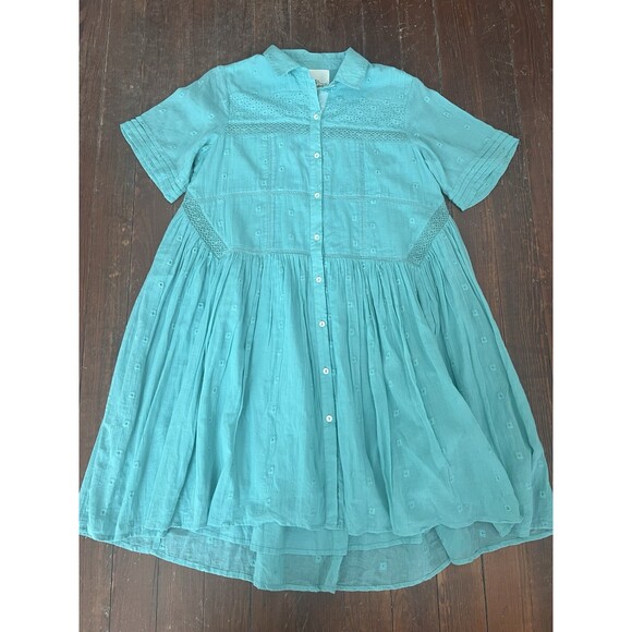 Layerz Clothing Dresses & Skirts - Layerz NWT 100% Cotton Collared Shirt Dress Flowy Gauzy Eyelet Seafoam Green M